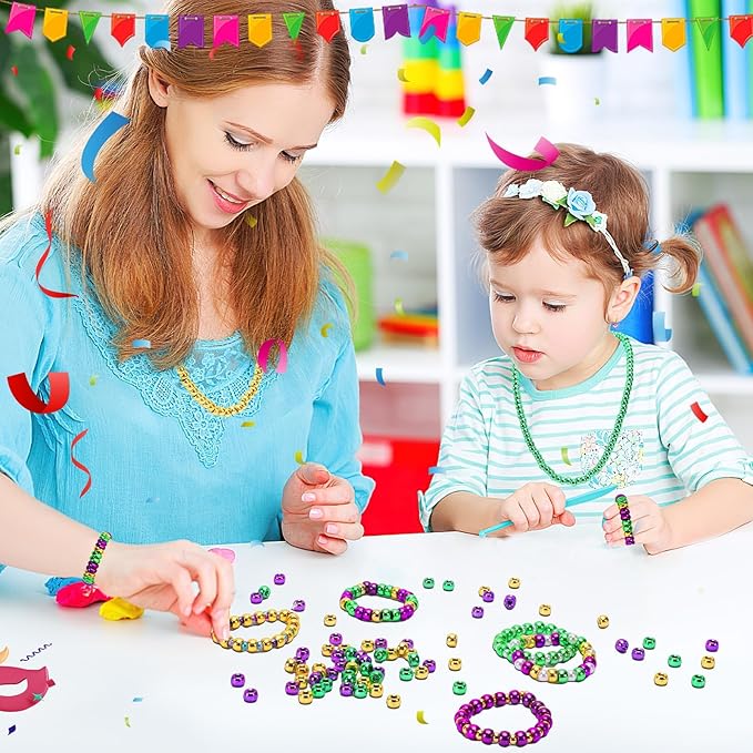 UPINS 1200Pcs Mardi Gras Pony Beads for Jewelry Making Crafts Friendship Round Plastic Gold Purple Green Beads Carnival Masquerade Party Favors Mardi Gras DIY Decor Supplies