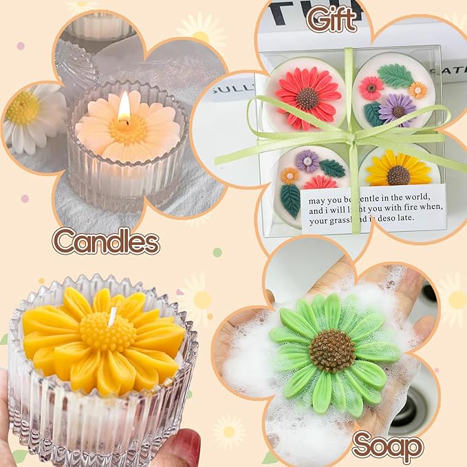 ZQYSING 4 Pack Daisy Silicone Molds with Leaf Mold, Set of Large + Medium + Small + Mini Daisy Flower Molds for Candles Wax Soap Epoxy Resin Plaster Fondant Chocolate Cake Cupcake Topper Decoration