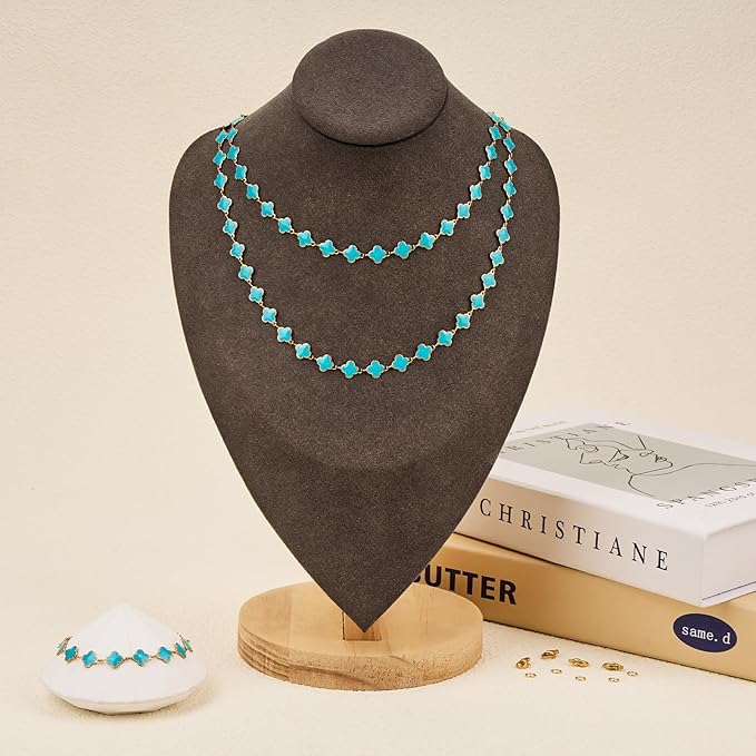 GTVOODX 18K Gold Stainless Steel Chain Bulk 9.8 Feet Unfinished 8mm Blue Enamel Four Leaf Clover Link Chains Spool Bulk for Women Jewelry Making with Lobster Clasps Jump Rings