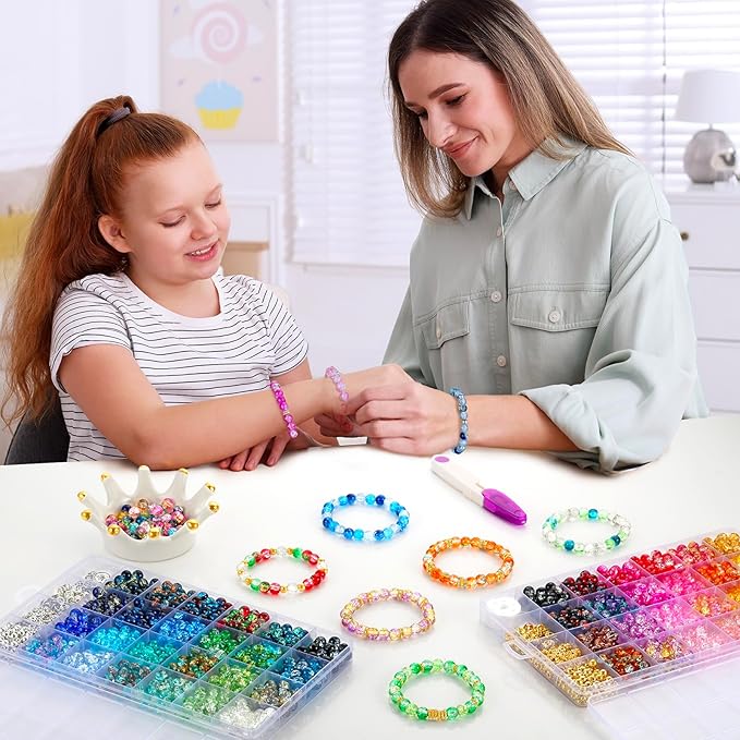 Zefy 1500+ Pcs 8mm Glass Beads for Bracelets, 48 Colors Crackle Glass Beads for Jewelry Making, Round Crystal Bead for DIY Earrings Necklace Crafts with Spacer Bead and Charms