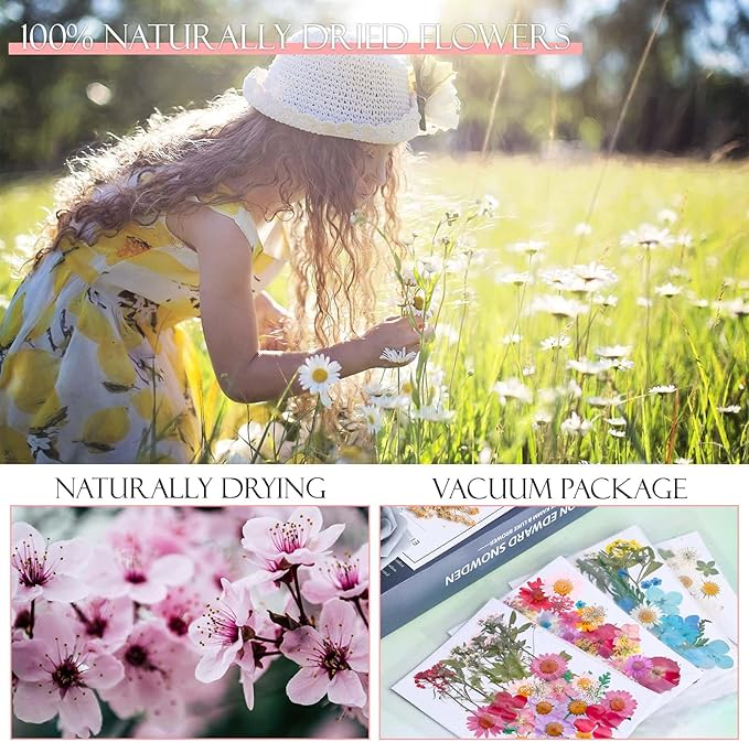 153 Pcs Dried Pressed Flowers for Crafts, Real Pressed Wildflowers Natural Dry Leaves Bulk with Tweezer for Epoxy Resin Jewelry Molds, Candle Soap Making, Scrapbook, Bookmark, Nails Decor