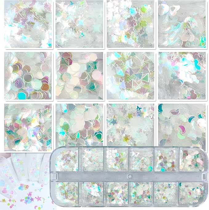 AddFavor 4 Boxes Nail Glitter Holographic Maple Chunky Glitter Flakes Mixed Shaped Flower Heart Star Iridescent Nail Sequins Decals for Fall Nail Art/False Eyelash Decor Supplies