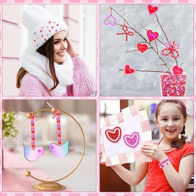 UPINS Valentine's Day Pony Beads, 1200Pcs Glitter Pink Red Purple Round Plastic Pony Beads for Jewelry Making DIY Crafts Valentines Party Decoration Necklace Bracelets Romantic Accessories (10 Colors)