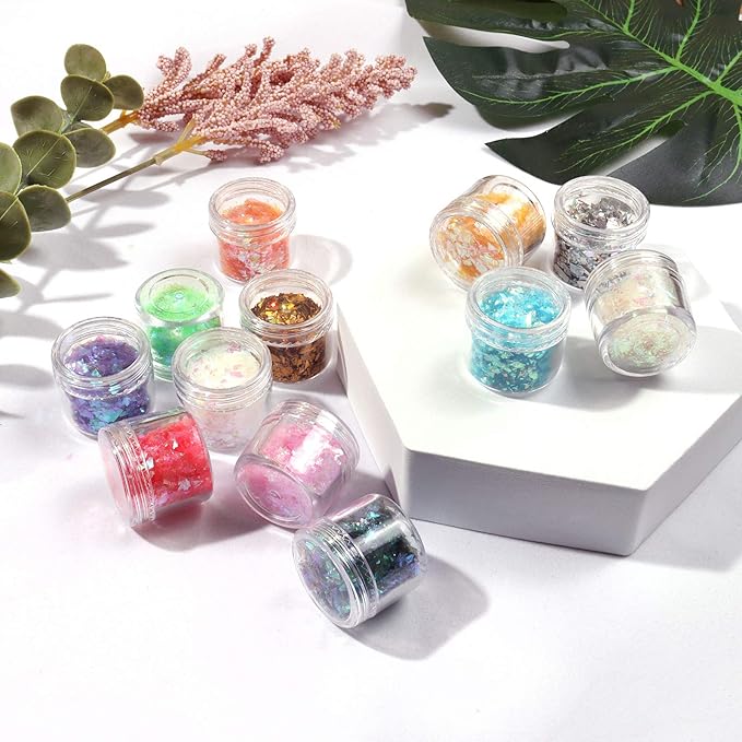 Allstarry 12 Colors Mermaid Nail Chunky Glitter Ultra-Thin Fluorescent Glass Paper Irregular Iridescent Sequin Flakes Glitters Sticker for Nails Art Decoration Hair Eyes Face Body DIY Craft