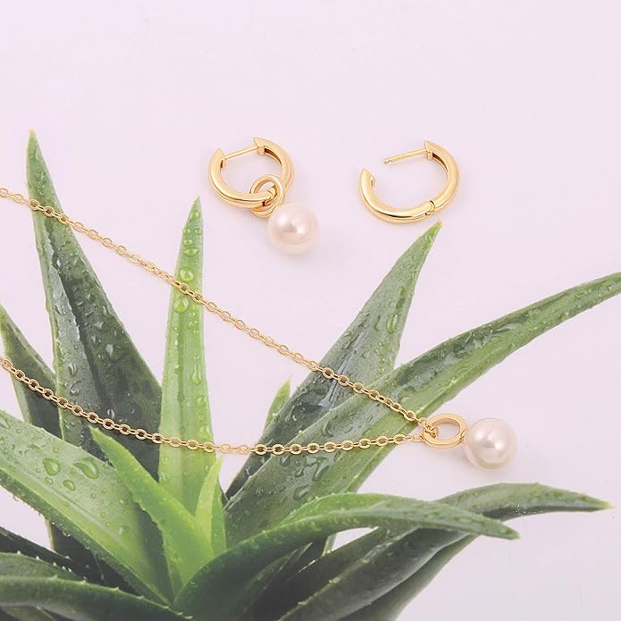 Gold Plated Huggie Hoop Earrings with Charms Fashion Pearl Drop Dangle Earrings for Women Handmade Karma Circle Jewelry for Ladies Lightweight Pearl Earrings on Christmas