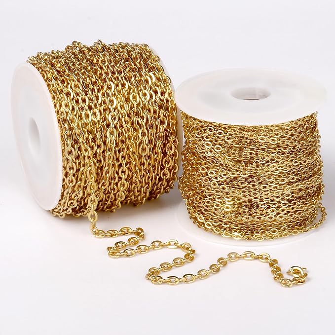 33 Feet 18K Gold PVD Plated Stainless Steel Cable Chain Bulk, 2.5mm 304 Stainless Steel Flat Cable Link Chains Roll Spool for Jewelry Making Necklace DIY Craft