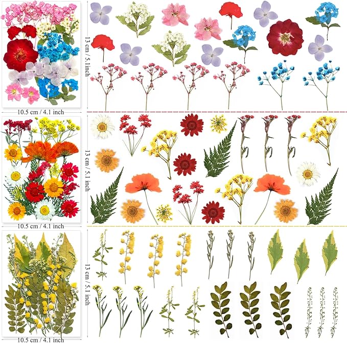 MIKIYA 192Pcs Dried Pressed Flowers for Resin, Assorted Real Natural Bulk Dry Floral Leaves for DIY Art Crafts, Epoxy Molds, Jewelry, Soap, Candle Making, Nails Decors