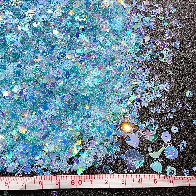 Heart Star Butterfly Craft Sequins Holographic Nail Glitte Confetti Shell Snowflakes Nail Art Holographic Glitter Nail Art Glitter Sequins for Women Girls Nail Decoration(Blue-50G)