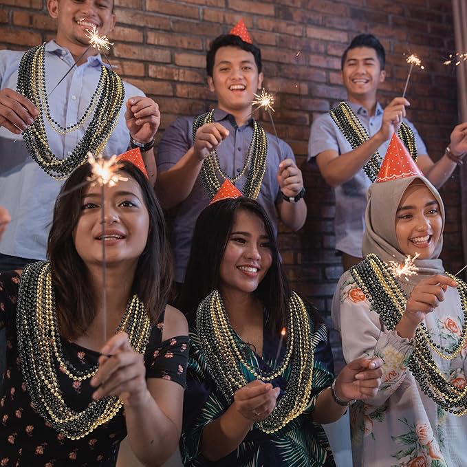 100PCS Bead Necklace, Gold Black New Year Bead Party Favors, New Year Eve 33" Toy Necklaces Costume Accessories, Parade Throw Accessories for New Year Wedding Birthday Celebrations Decoration