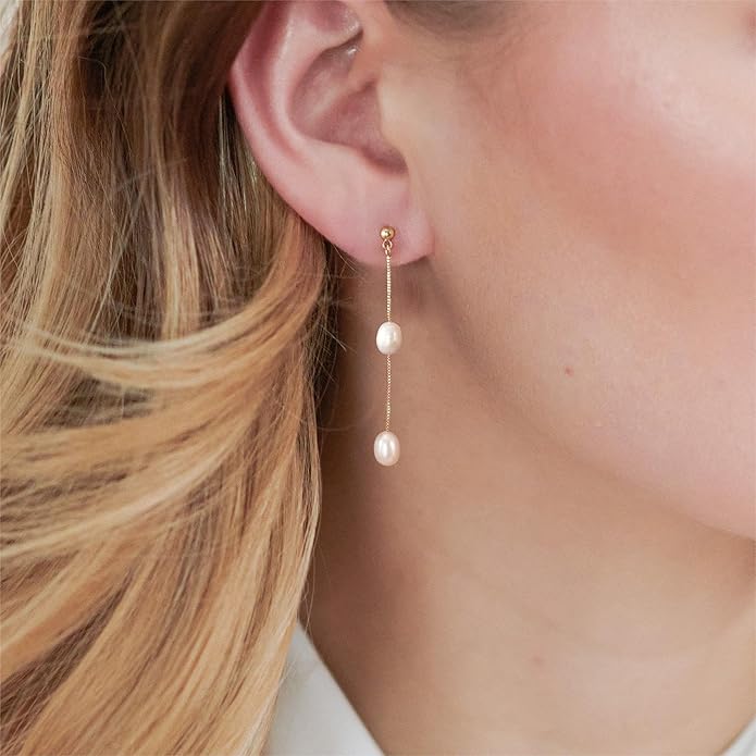 Pearl Earrings for Women - Dainty Gold Dangle Drop Earrings, 14k Gold Plated Cute Bow Design, Hypoallergenic Pearl Studs, Wedding Jewelry Gifts