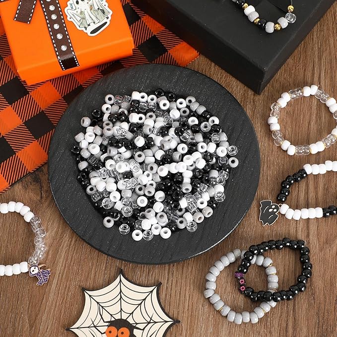 UPINS 1200Pcs Black and White Pony Beads, Halloween Pony Beads Bulk Hair Crafts Grey Transparent Plastic Beads DIY Party Decoration 6 x 9 mm