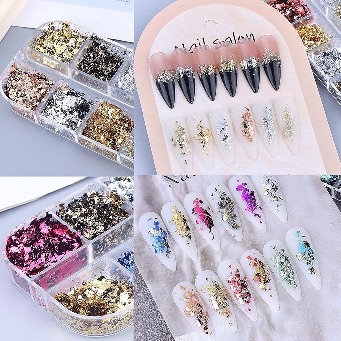 Gold Foils Nail Glitter Supplies 36 Colors Golden Flakes for Nails Art Sparkly Ultra-Thin Aluminum Holographic Foils Nail Art Decoration Gold Leaf DIY 3D Metallic Nail Sequins Manicure Accessories