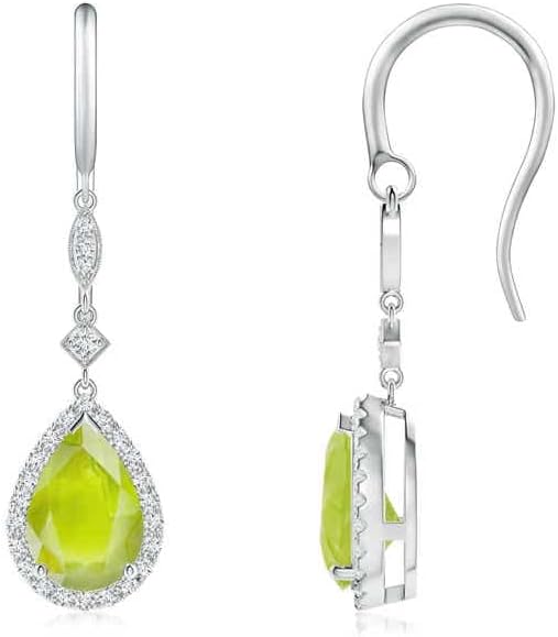 ANGARA Natural Peridot Earrings for Women | Pear-Shaped Peridot Drop Earrings with Diamond Halo in 14K Solid Gold/Platinum | August Birthday, Anniversary, Gemstone Jewellery Gift