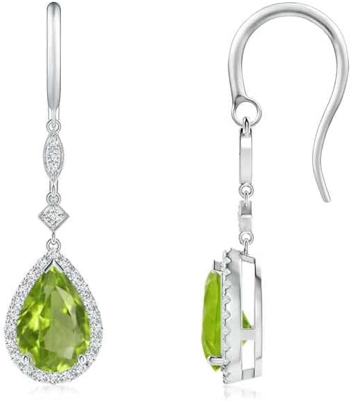 ANGARA Natural Peridot Earrings for Women | Pear-Shaped Peridot Drop Earrings with Diamond Halo in 14K Solid Gold/Platinum | August Birthday, Anniversary, Gemstone Jewellery Gift