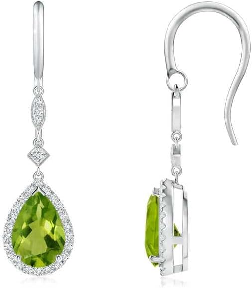 ANGARA Natural Peridot Earrings for Women | Pear-Shaped Peridot Drop Earrings with Diamond Halo in 14K Solid Gold/Platinum | August Birthday, Anniversary, Gemstone Jewellery Gift