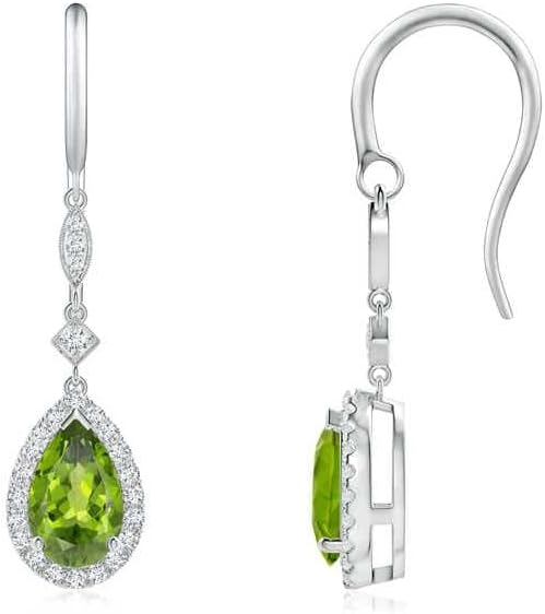 ANGARA Natural Peridot Earrings for Women | Pear-Shaped Peridot Drop Earrings with Diamond Halo in 14K Solid Gold/Platinum | August Birthday, Anniversary, Gemstone Jewellery Gift