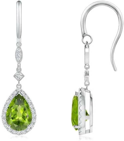 ANGARA Natural Peridot Earrings for Women | Pear-Shaped Peridot Drop Earrings with Diamond Halo in 14K Solid Gold/Platinum | August Birthday, Anniversary, Gemstone Jewellery Gift