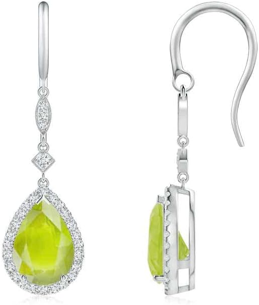 ANGARA Natural Peridot Earrings for Women | Pear-Shaped Peridot Drop Earrings with Diamond Halo in 14K Solid Gold/Platinum | August Birthday, Anniversary, Gemstone Jewellery Gift