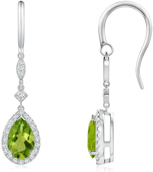 ANGARA Natural Peridot Earrings for Women | Pear-Shaped Peridot Drop Earrings with Diamond Halo in 14K Solid Gold/Platinum | August Birthday, Anniversary, Gemstone Jewellery Gift