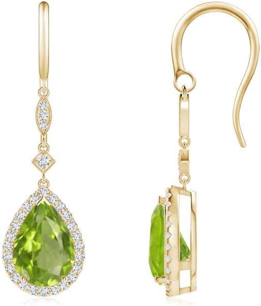 ANGARA Natural Peridot Earrings for Women | Pear-Shaped Peridot Drop Earrings with Diamond Halo in 14K Solid Gold/Platinum | August Birthday, Anniversary, Gemstone Jewellery Gift