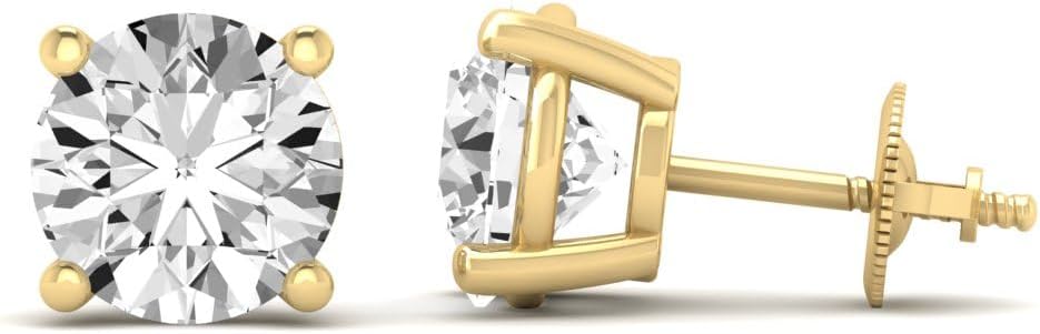1/2 Carat - 5 Carat Lab Grown Diamond screw back Earrings | 14K Yellow Gold Four prong Lab-Grown Diamond Solitaire Stud Earrings| D-E color and VS1 clarity