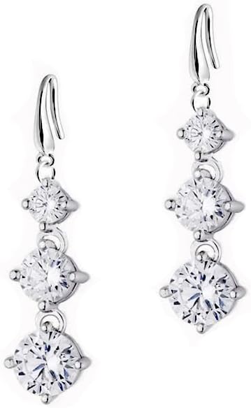 Savlano 14K White Gold Plated Three Cubic Zirconia Crystal Round Cut Dangle Earrings For Women
