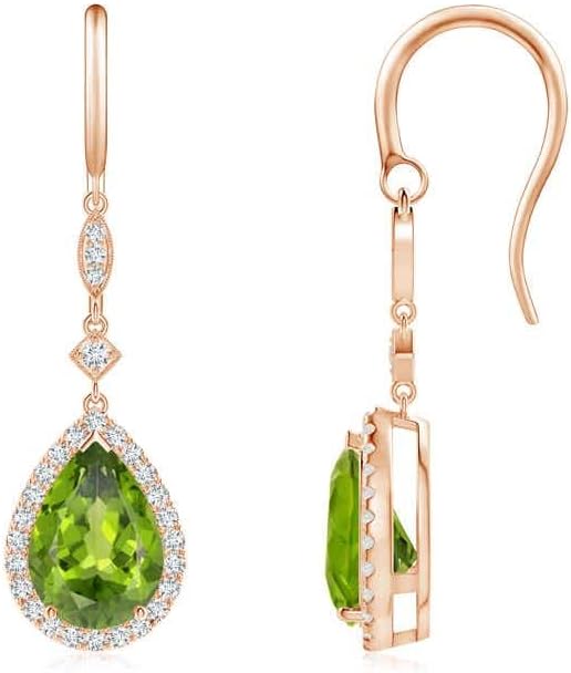 ANGARA Natural Peridot Earrings for Women | Pear-Shaped Peridot Drop Earrings with Diamond Halo in 14K Solid Gold/Platinum | August Birthday, Anniversary, Gemstone Jewellery Gift