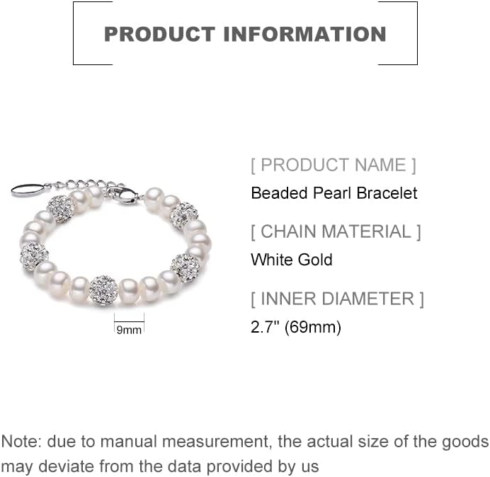 Women's 14K Gold White Pearl Beaded Bracelet,Dainty Freshwater Pearl & Moissanite Link Bracelet,Fashion Christmas Jewelry Gift for Her