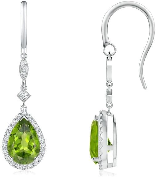 ANGARA Natural Peridot Earrings for Women | Pear-Shaped Peridot Drop Earrings with Diamond Halo in 14K Solid Gold/Platinum | August Birthday, Anniversary, Gemstone Jewellery Gift
