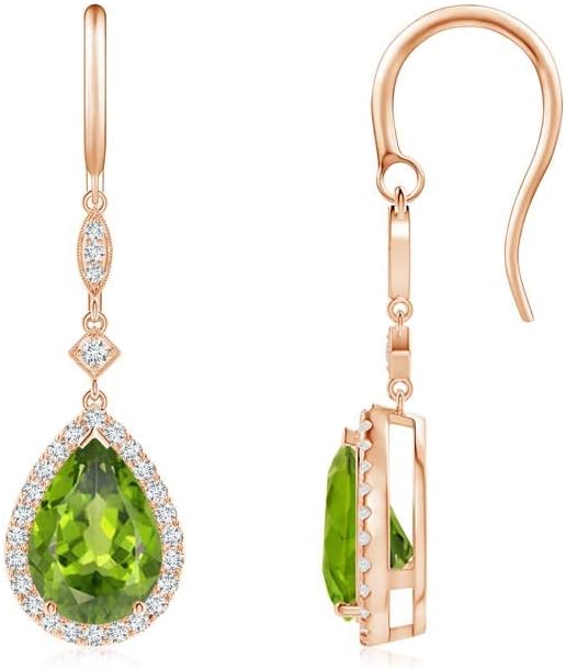ANGARA Natural Peridot Earrings for Women | Pear-Shaped Peridot Drop Earrings with Diamond Halo in 14K Solid Gold/Platinum | August Birthday, Anniversary, Gemstone Jewellery Gift