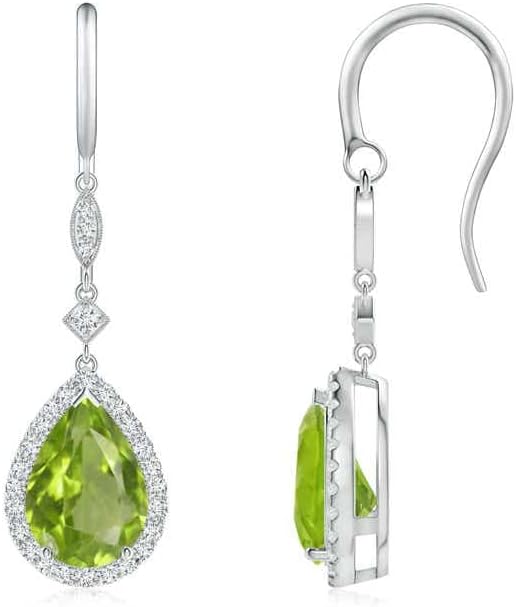 ANGARA Natural Peridot Earrings for Women | Pear-Shaped Peridot Drop Earrings with Diamond Halo in 14K Solid Gold/Platinum | August Birthday, Anniversary, Gemstone Jewellery Gift