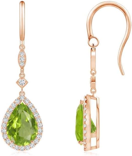 ANGARA Natural Peridot Earrings for Women | Pear-Shaped Peridot Drop Earrings with Diamond Halo in 14K Solid Gold/Platinum | August Birthday, Anniversary, Gemstone Jewellery Gift