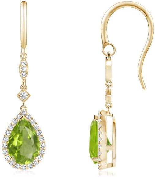 ANGARA Natural Peridot Earrings for Women | Pear-Shaped Peridot Drop Earrings with Diamond Halo in 14K Solid Gold/Platinum | August Birthday, Anniversary, Gemstone Jewellery Gift