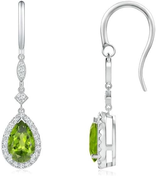 ANGARA Natural Peridot Earrings for Women | Pear-Shaped Peridot Drop Earrings with Diamond Halo in 14K Solid Gold/Platinum | August Birthday, Anniversary, Gemstone Jewellery Gift