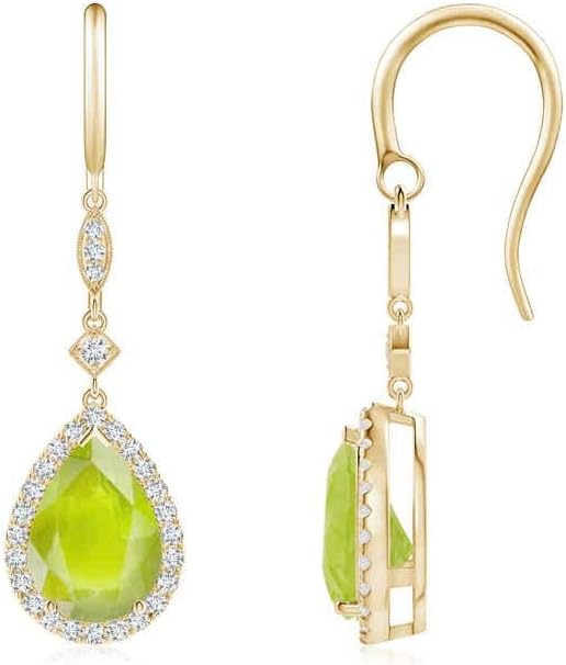 ANGARA Natural Peridot Earrings for Women | Pear-Shaped Peridot Drop Earrings with Diamond Halo in 14K Solid Gold/Platinum | August Birthday, Anniversary, Gemstone Jewellery Gift