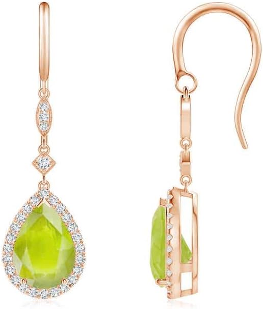 ANGARA Natural Peridot Earrings for Women | Pear-Shaped Peridot Drop Earrings with Diamond Halo in 14K Solid Gold/Platinum | August Birthday, Anniversary, Gemstone Jewellery Gift