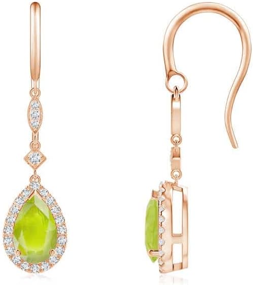 ANGARA Natural Peridot Earrings for Women | Pear-Shaped Peridot Drop Earrings with Diamond Halo in 14K Solid Gold/Platinum | August Birthday, Anniversary, Gemstone Jewellery Gift