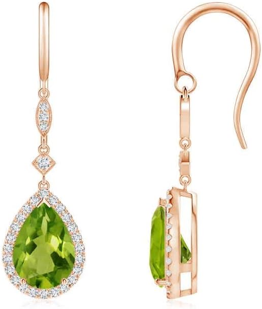 ANGARA Natural Peridot Earrings for Women | Pear-Shaped Peridot Drop Earrings with Diamond Halo in 14K Solid Gold/Platinum | August Birthday, Anniversary, Gemstone Jewellery Gift