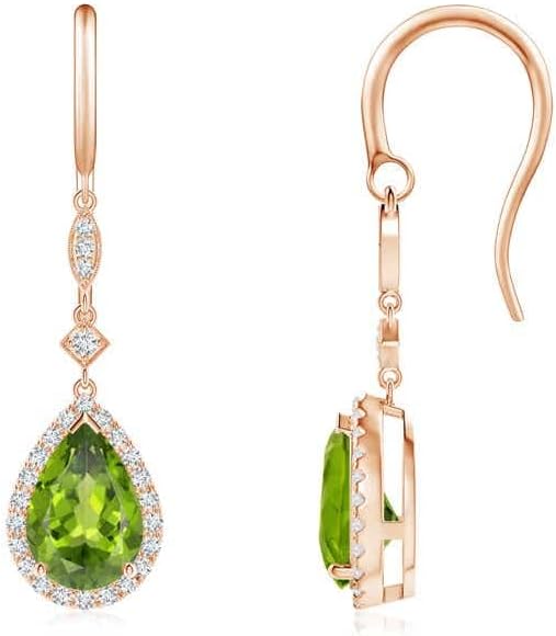 ANGARA Natural Peridot Earrings for Women | Pear-Shaped Peridot Drop Earrings with Diamond Halo in 14K Solid Gold/Platinum | August Birthday, Anniversary, Gemstone Jewellery Gift
