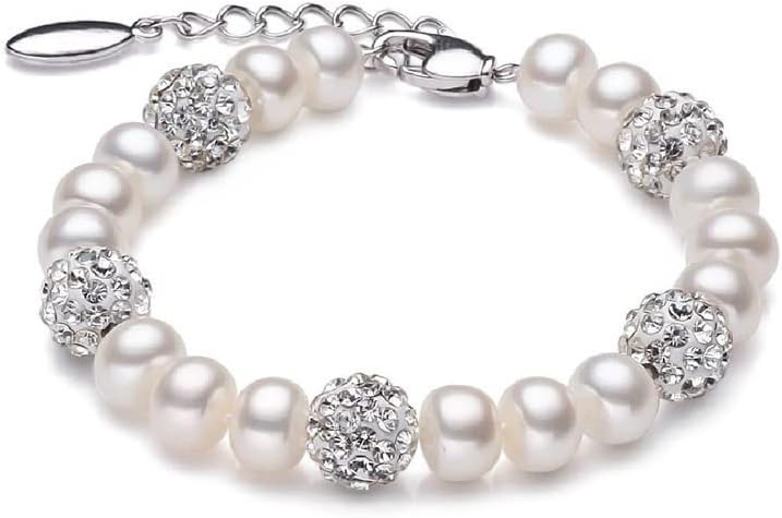 Women's 14K Gold White Pearl Beaded Bracelet,Dainty Freshwater Pearl & Moissanite Link Bracelet,Fashion Christmas Jewelry Gift for Her
