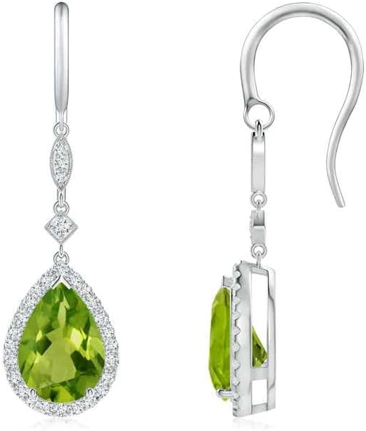 ANGARA Natural Peridot Earrings for Women | Pear-Shaped Peridot Drop Earrings with Diamond Halo in 14K Solid Gold/Platinum | August Birthday, Anniversary, Gemstone Jewellery Gift