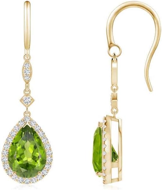 ANGARA Natural Peridot Earrings for Women | Pear-Shaped Peridot Drop Earrings with Diamond Halo in 14K Solid Gold/Platinum | August Birthday, Anniversary, Gemstone Jewellery Gift