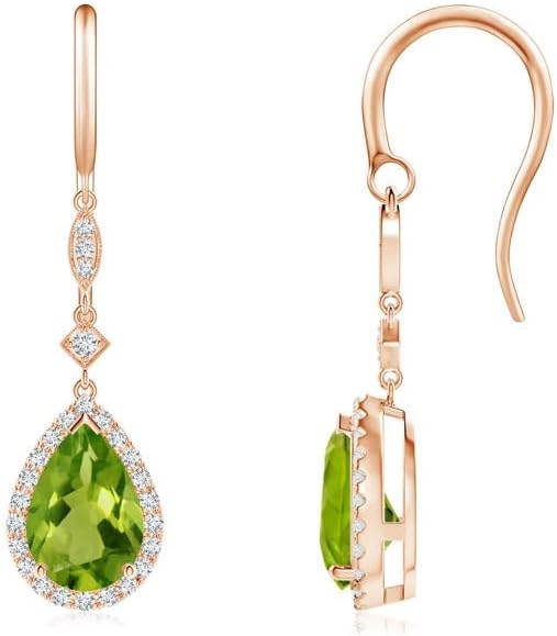 ANGARA Natural Peridot Earrings for Women | Pear-Shaped Peridot Drop Earrings with Diamond Halo in 14K Solid Gold/Platinum | August Birthday, Anniversary, Gemstone Jewellery Gift
