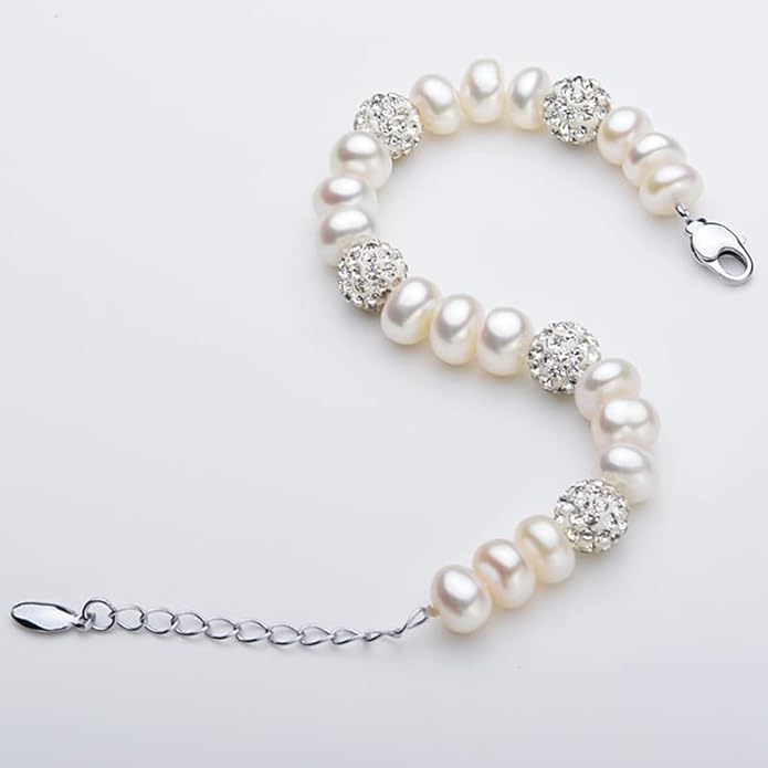 Women's 14K Gold White Pearl Beaded Bracelet,Dainty Freshwater Pearl & Moissanite Link Bracelet,Fashion Christmas Jewelry Gift for Her