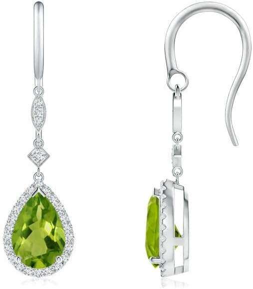 ANGARA Natural Peridot Earrings for Women | Pear-Shaped Peridot Drop Earrings with Diamond Halo in 14K Solid Gold/Platinum | August Birthday, Anniversary, Gemstone Jewellery Gift