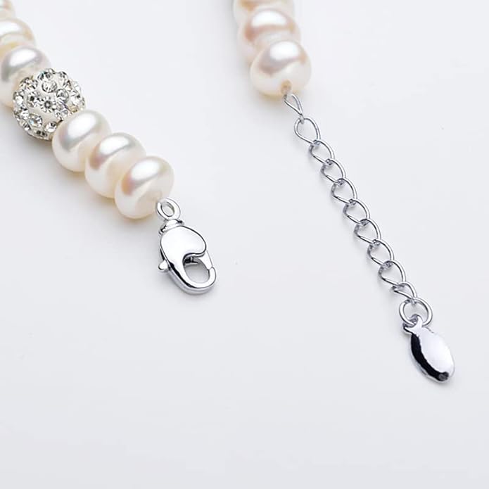 Women's 14K Gold White Pearl Beaded Bracelet,Dainty Freshwater Pearl & Moissanite Link Bracelet,Fashion Christmas Jewelry Gift for Her