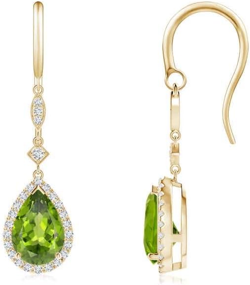ANGARA Natural Peridot Earrings for Women | Pear-Shaped Peridot Drop Earrings with Diamond Halo in 14K Solid Gold/Platinum | August Birthday, Anniversary, Gemstone Jewellery Gift
