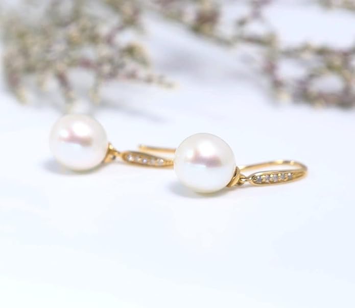 10k 14k Gold Natural Diamond and Freshwater Cultured Pearl Dangle Earrings for Women, Fine Jewelry for Her