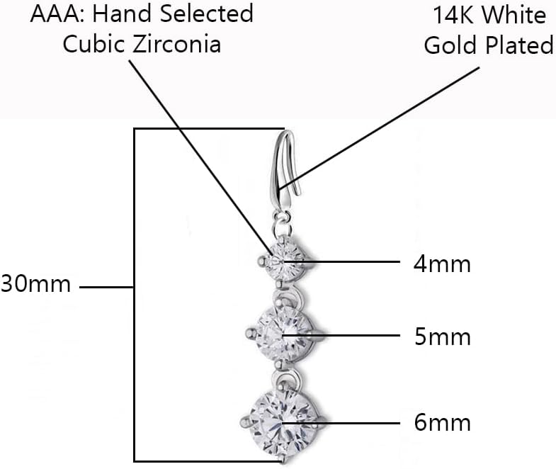 Savlano 14K White Gold Plated Three Cubic Zirconia Crystal Round Cut Dangle Earrings For Women