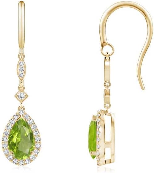 ANGARA Natural Peridot Earrings for Women | Pear-Shaped Peridot Drop Earrings with Diamond Halo in 14K Solid Gold/Platinum | August Birthday, Anniversary, Gemstone Jewellery Gift